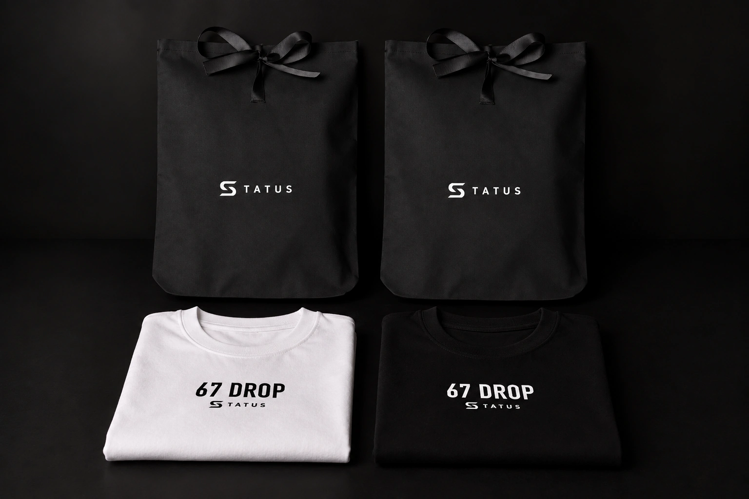 Две футболки 67 DROP и две чёрные подарочные сумки STATUS с лентами